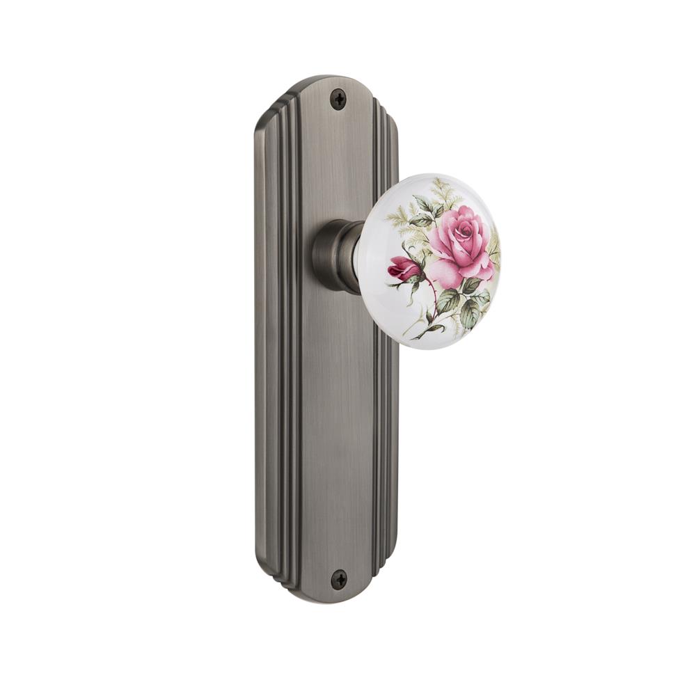 Nostalgic Warehouse DECROS Complete Passage Set Without Keyhole Deco Plate with Rose Porcelain Knob in Antique Pewter
